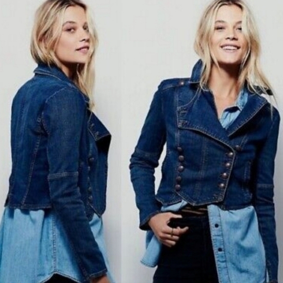 Free People Military Band Denim Jacket in Vintage Blue Moto Jacket Size XS - Picture 4 of 15